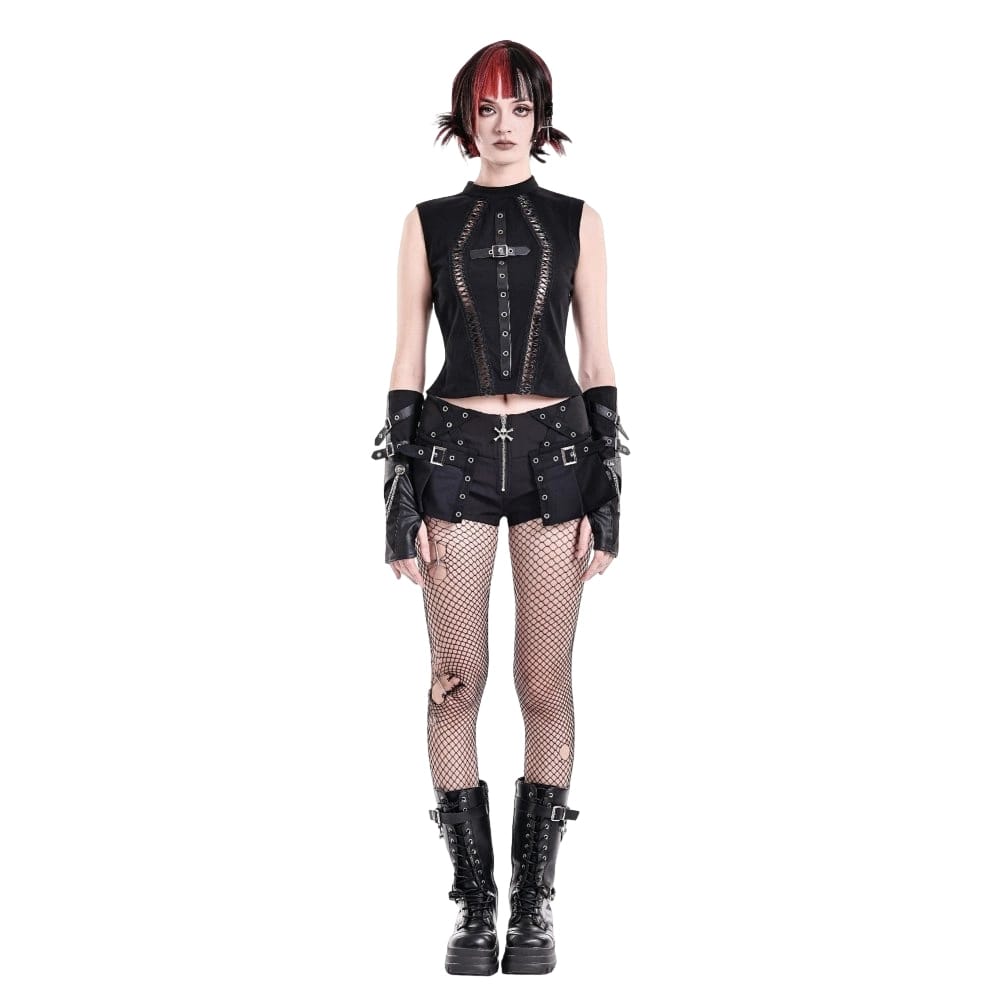 Darkinlove Women's Punk Cross Cutout Mock Neck Sleeveless Top