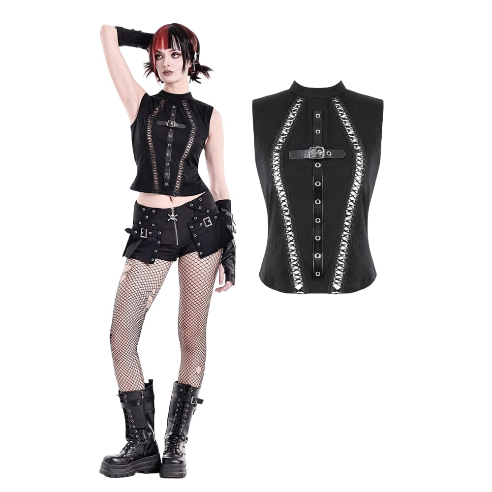 Darkinlove Women's Punk Cross Cutout Mock Neck Sleeveless Top