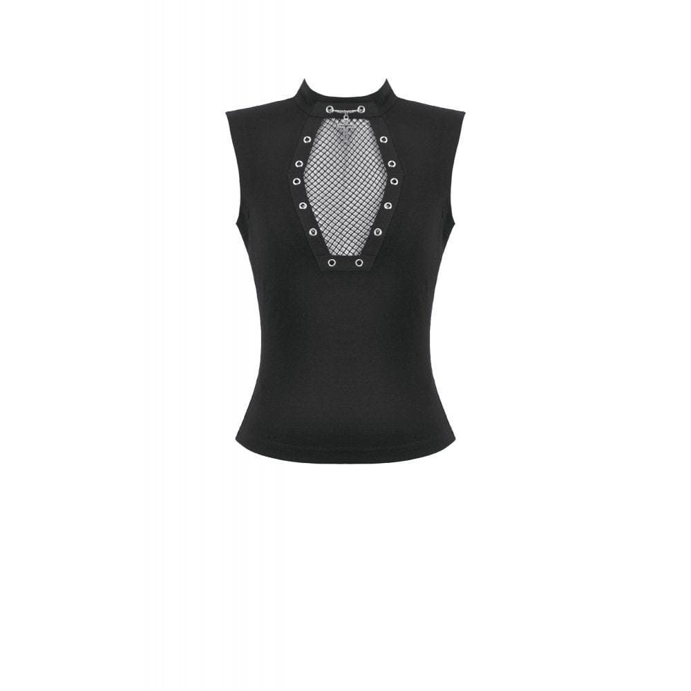 Darkinlove Women's Punk Cross Eyelet Coffin Mesh Splice Tank Top