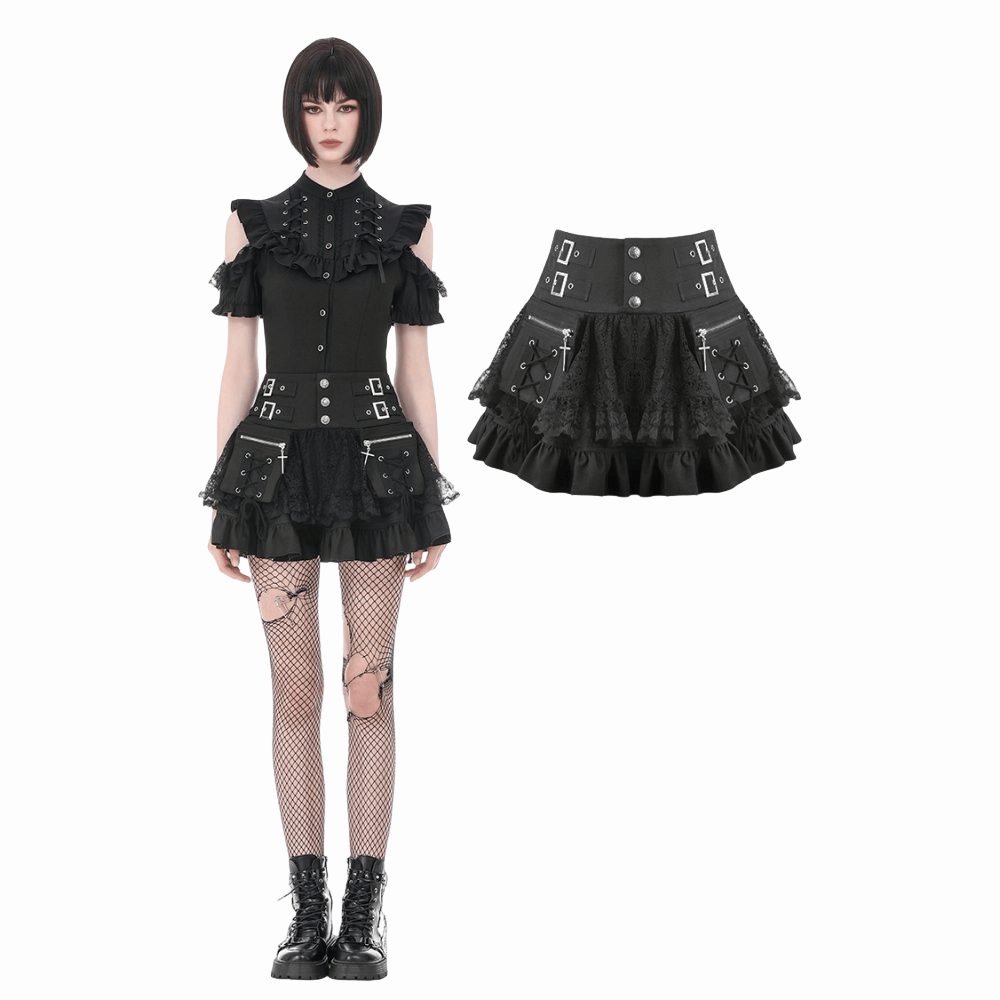 Darkinlove Women's Punk Cross Lace-up Pocket Ruffled Mini Skirt