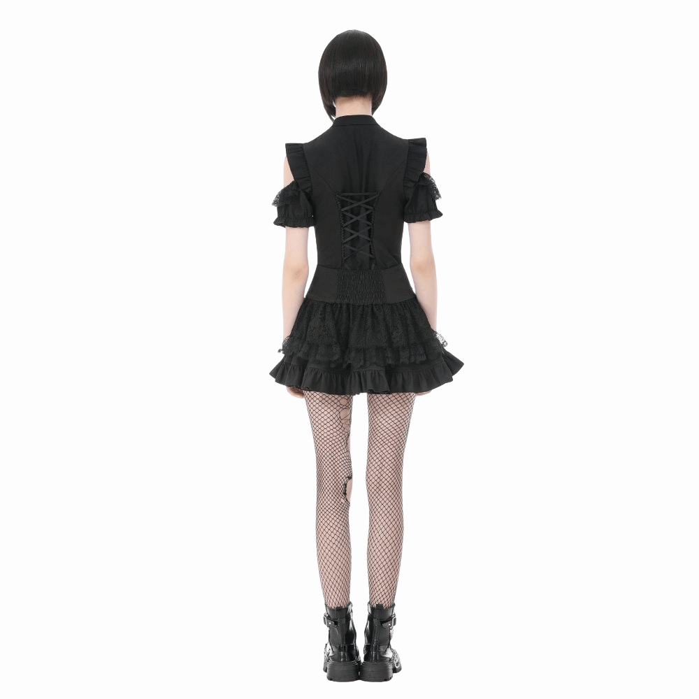 Darkinlove Women's Punk Cross Lace-up Pocket Ruffled Mini Skirt
