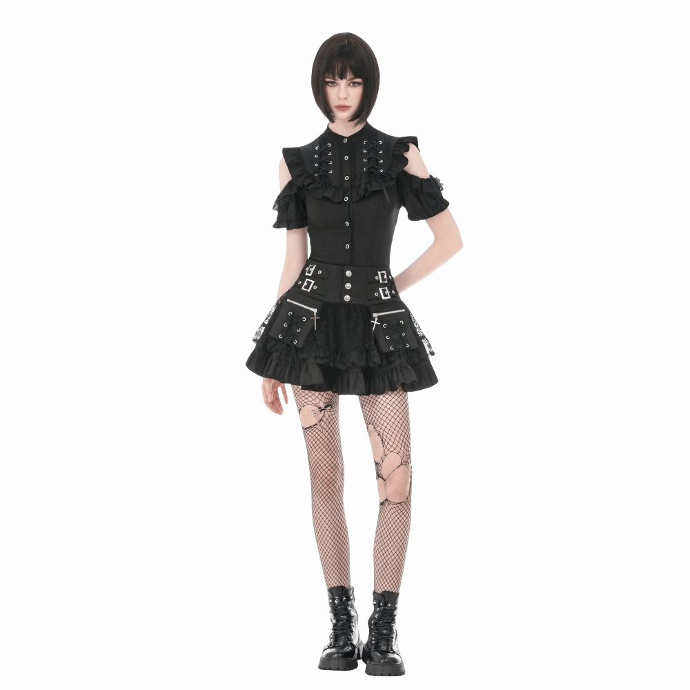 Darkinlove Women's Punk Cross Lace-up Pocket Ruffled Mini Skirt
