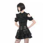 Darkinlove Women's Punk Cross Lace-up Pocket Ruffled Mini Skirt