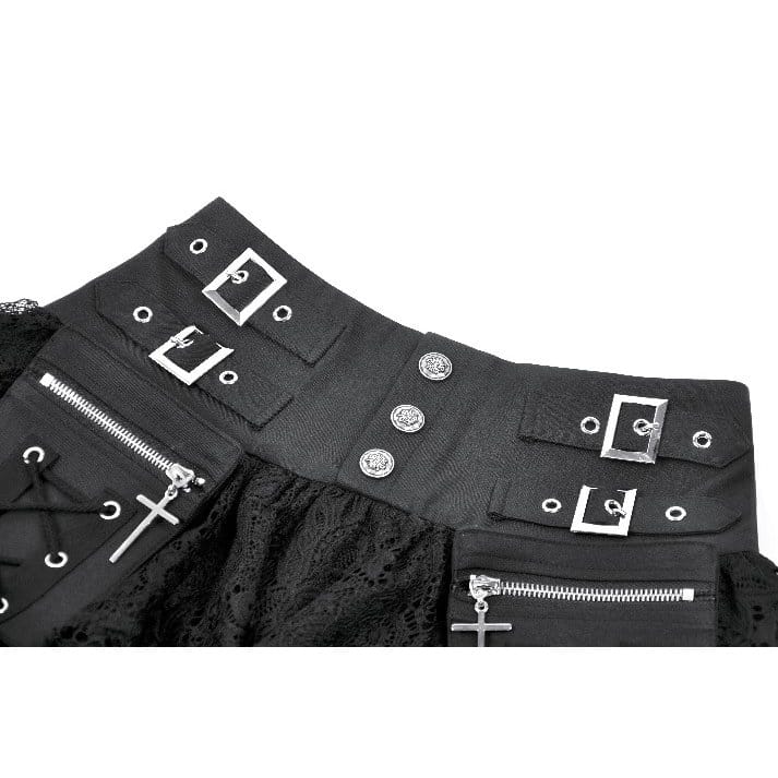 Darkinlove Women's Punk Cross Lace-up Pocket Ruffled Mini Skirt