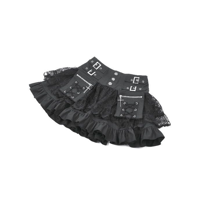 Darkinlove Women's Punk Cross Lace-up Pocket Ruffled Mini Skirt