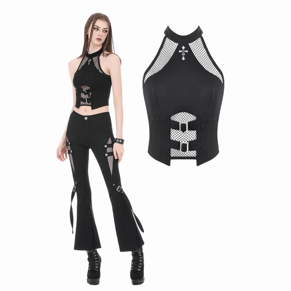 Darkinlove Women's Punk Cross Mesh Splice Halter Tank Top