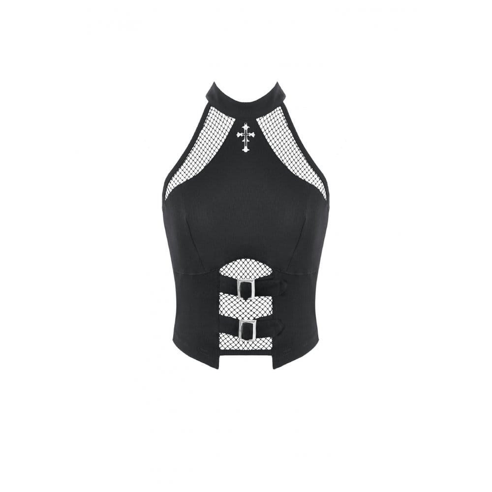 Darkinlove Women's Punk Cross Mesh Splice Halter Tank Top