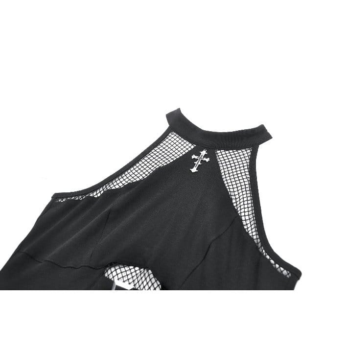 Darkinlove Women's Punk Cross Mesh Splice Halter Tank Top