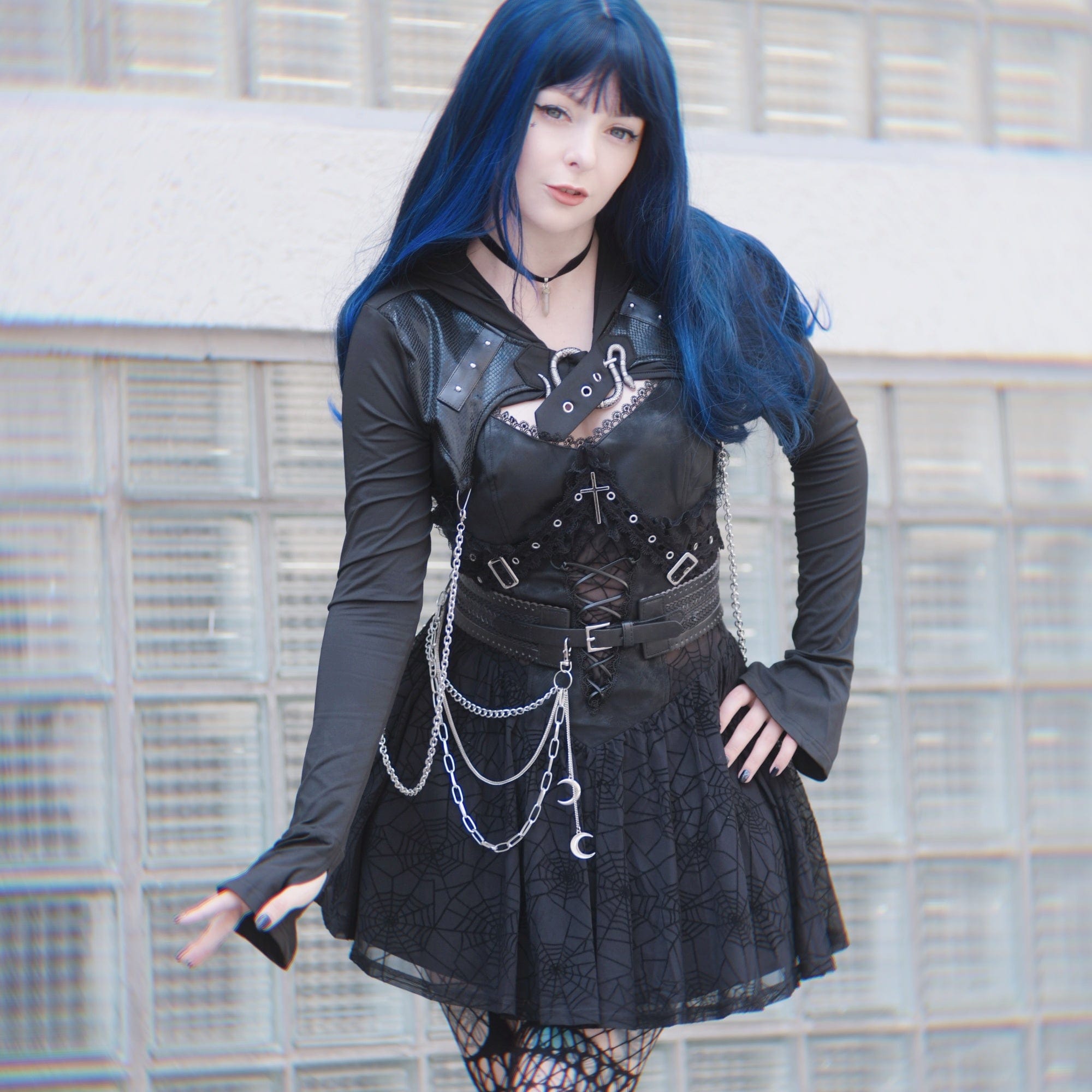 Darkinlove Women's Punk Cross Spider Mesh Slip Dress