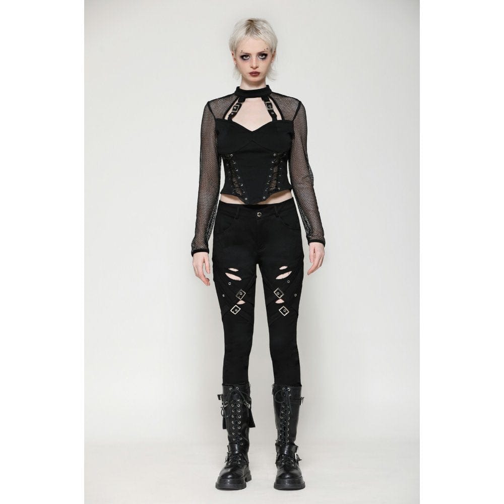 Darkinlove Women's Punk Cut-out Buckle-up Pants