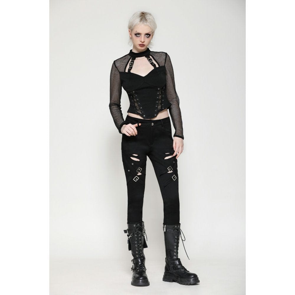 Darkinlove Women's Punk Cut-out Buckle-up Pants