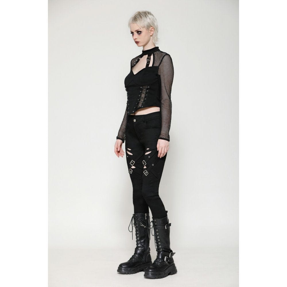 Darkinlove Women's Punk Cut-out Buckle-up Pants