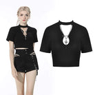 Darkinlove Women's Punk Cutout Black Crop Top with Cross Chain