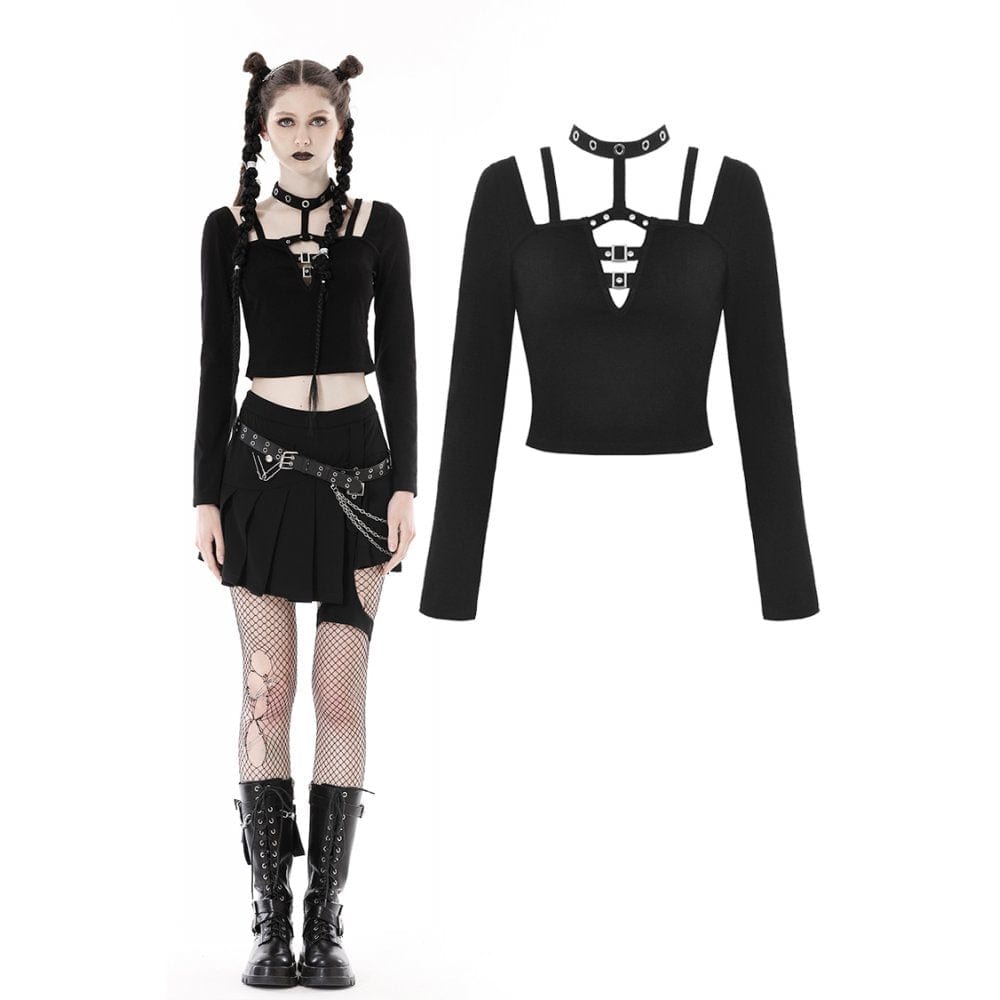 Darkinlove Women's Punk Cutout Eyelet Buckle Crop Top