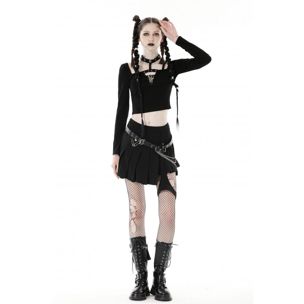 Darkinlove Women's Punk Cutout Eyelet Buckle Crop Top