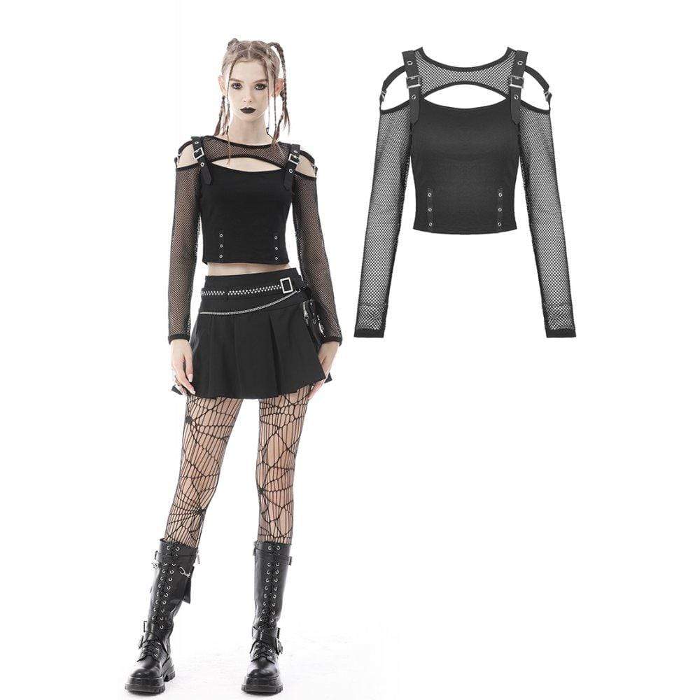 Darkinlove Women's Punk Cutout Mesh Splice Buckle Crop Top