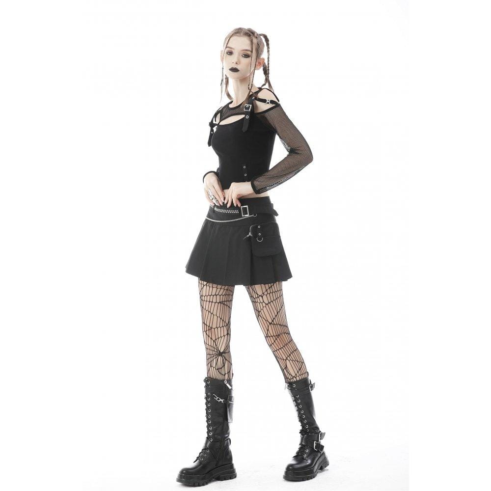 Darkinlove Women's Punk Cutout Mesh Splice Buckle Crop Top