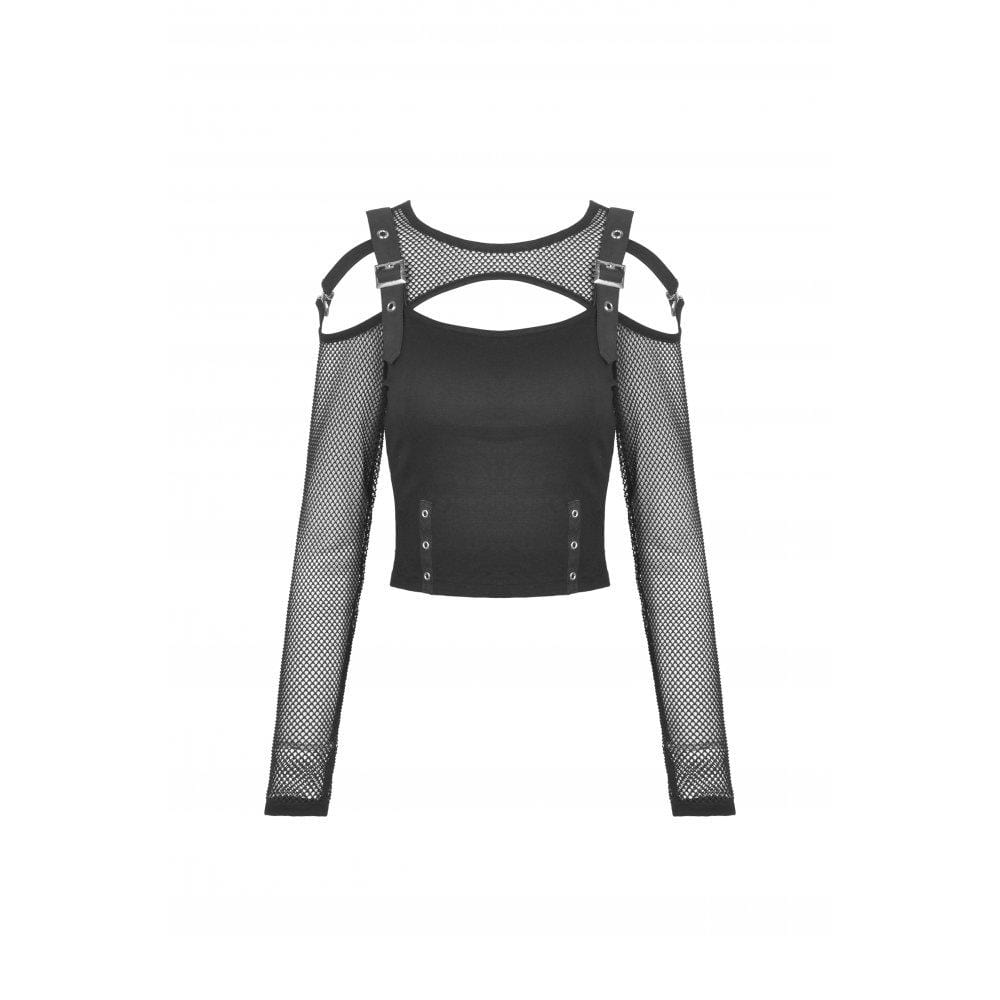 Darkinlove Women's Punk Cutout Mesh Splice Buckle Crop Top