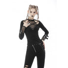Darkinlove Women's Punk Cutout Mesh Splice Buckle T-shirt