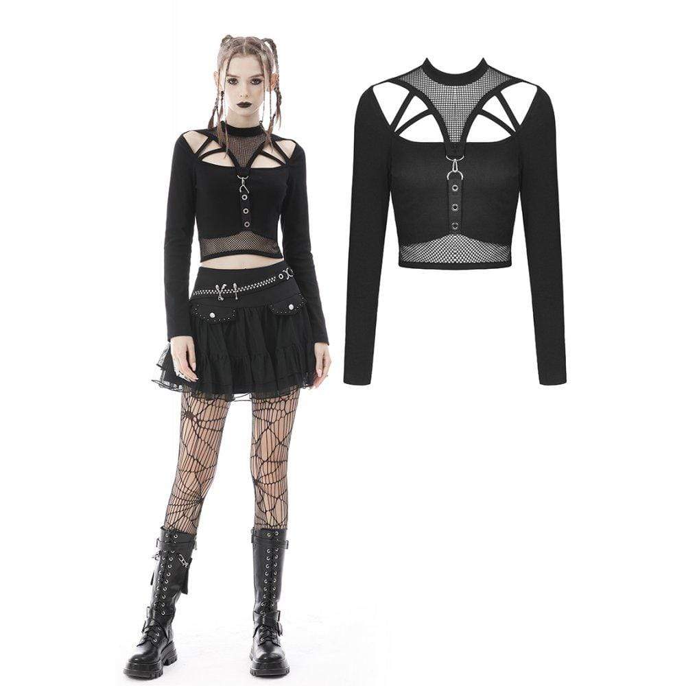 Darkinlove Women's Punk Cutout Mesh Splice Crop Top