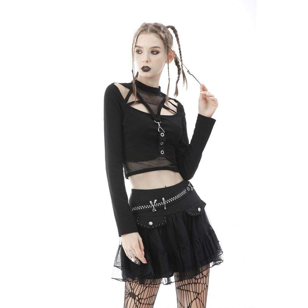 Darkinlove Women's Punk Cutout Mesh Splice Crop Top