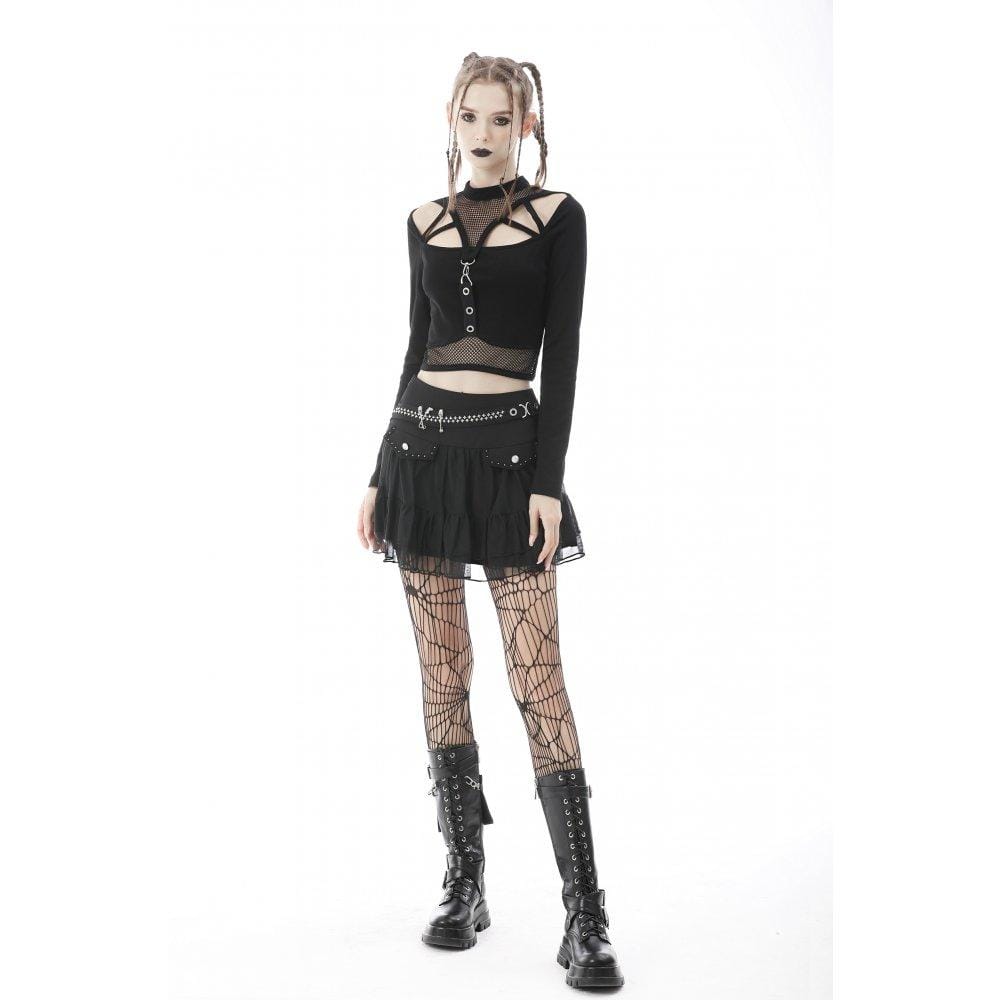 Darkinlove Women's Punk Cutout Mesh Splice Crop Top