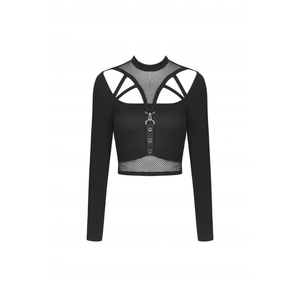 Darkinlove Women's Punk Cutout Mesh Splice Crop Top