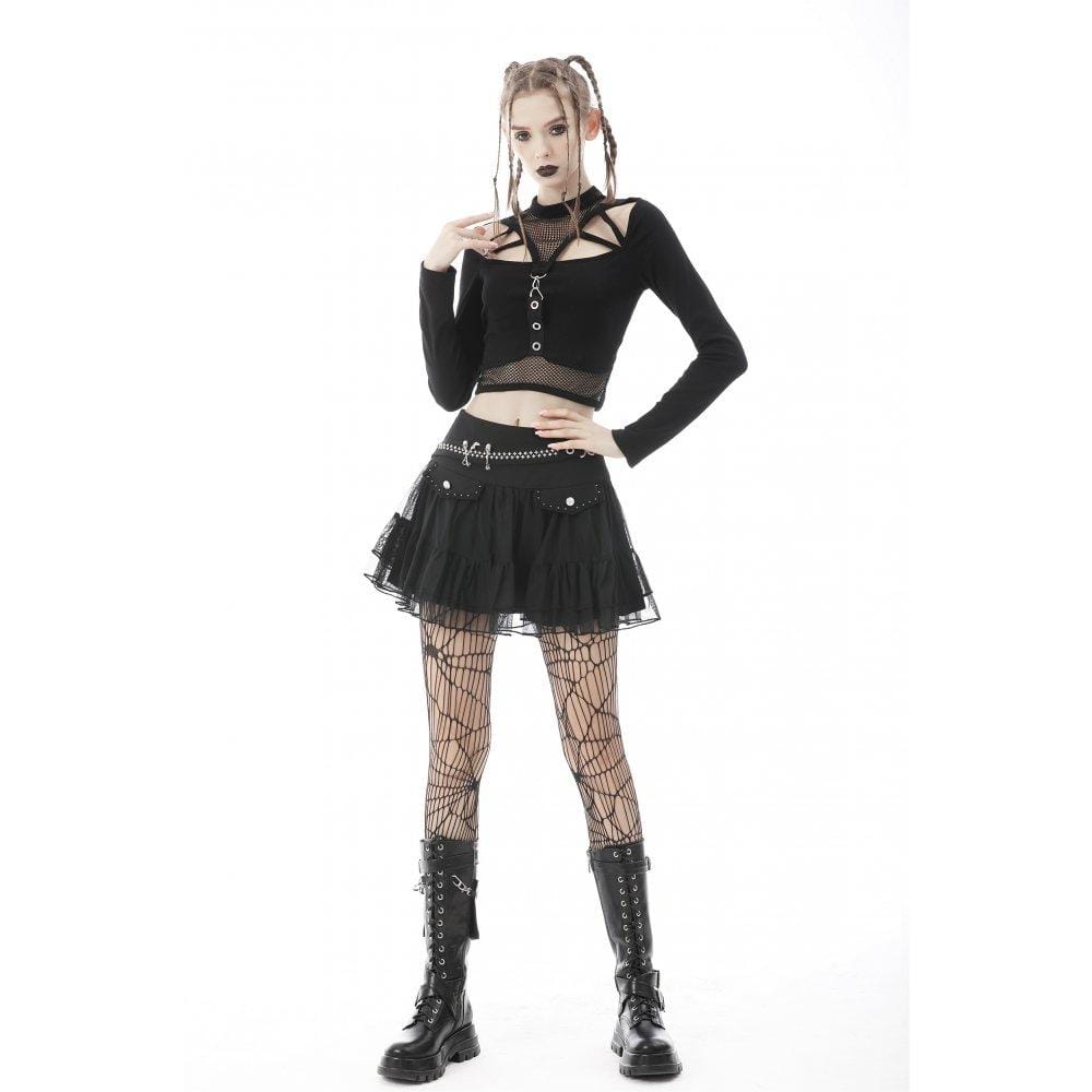 Darkinlove Women's Punk Cutout Mesh Splice Crop Top