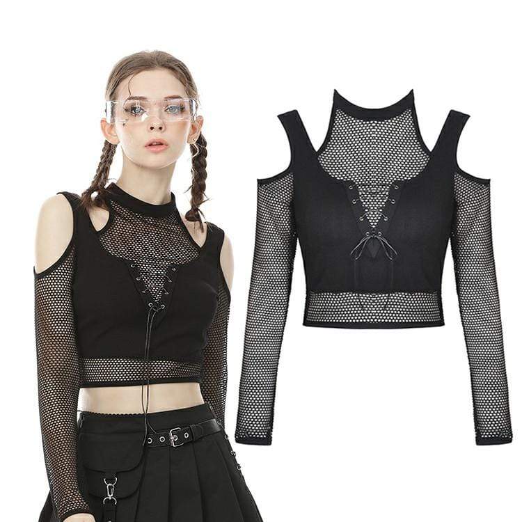 Darkinlove Women's Punk Cutout Shoulder Sheer Mesh Tops