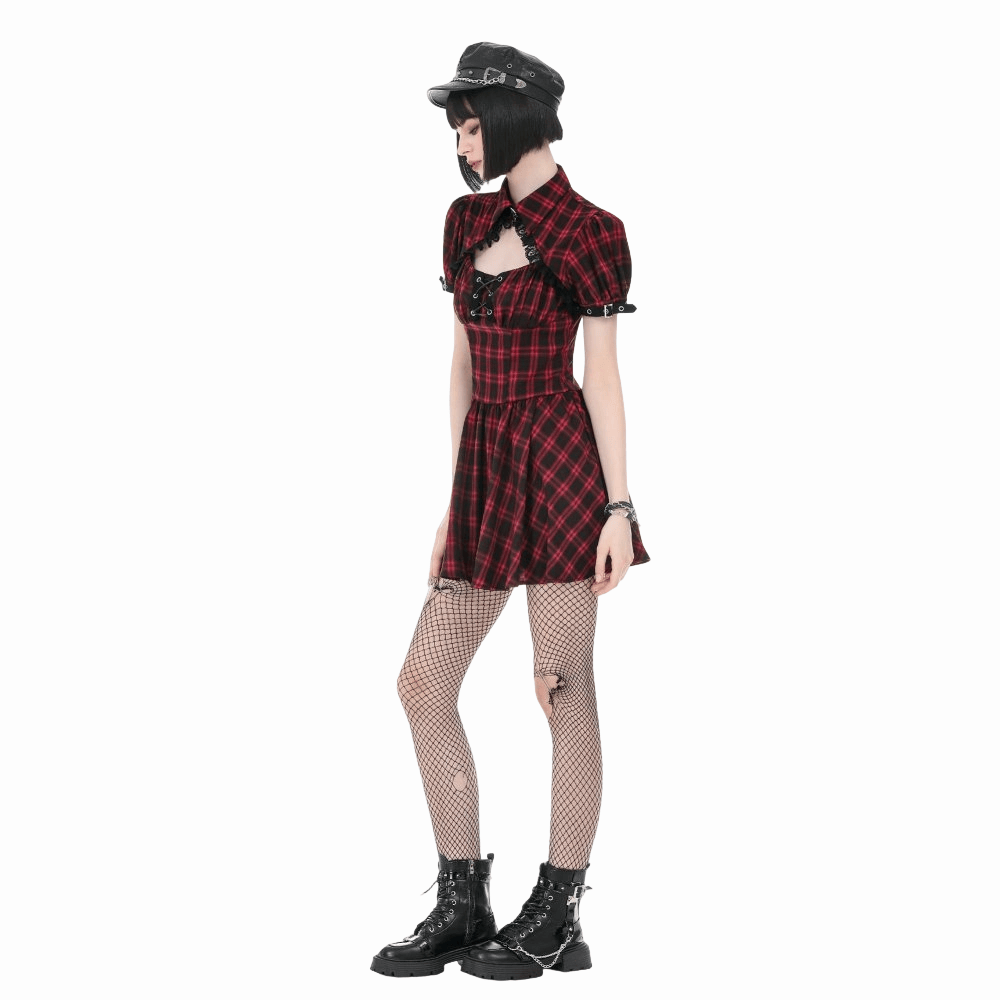 Darkinlove Women's Punk Cutout Turn-down Collar Plaid Short Sleeve Dress