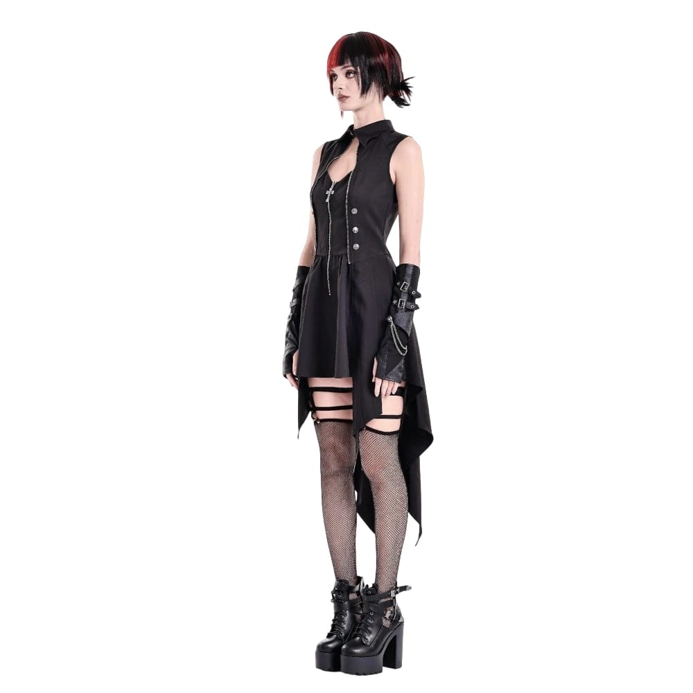 Darkinlove Women's Punk Cutout Turn-down Collar Zipper Irregular Hem Dress