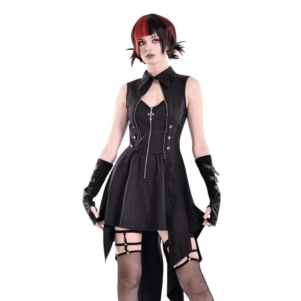 Darkinlove Women's Punk Cutout Turn-down Collar Zipper Irregular Hem Dress