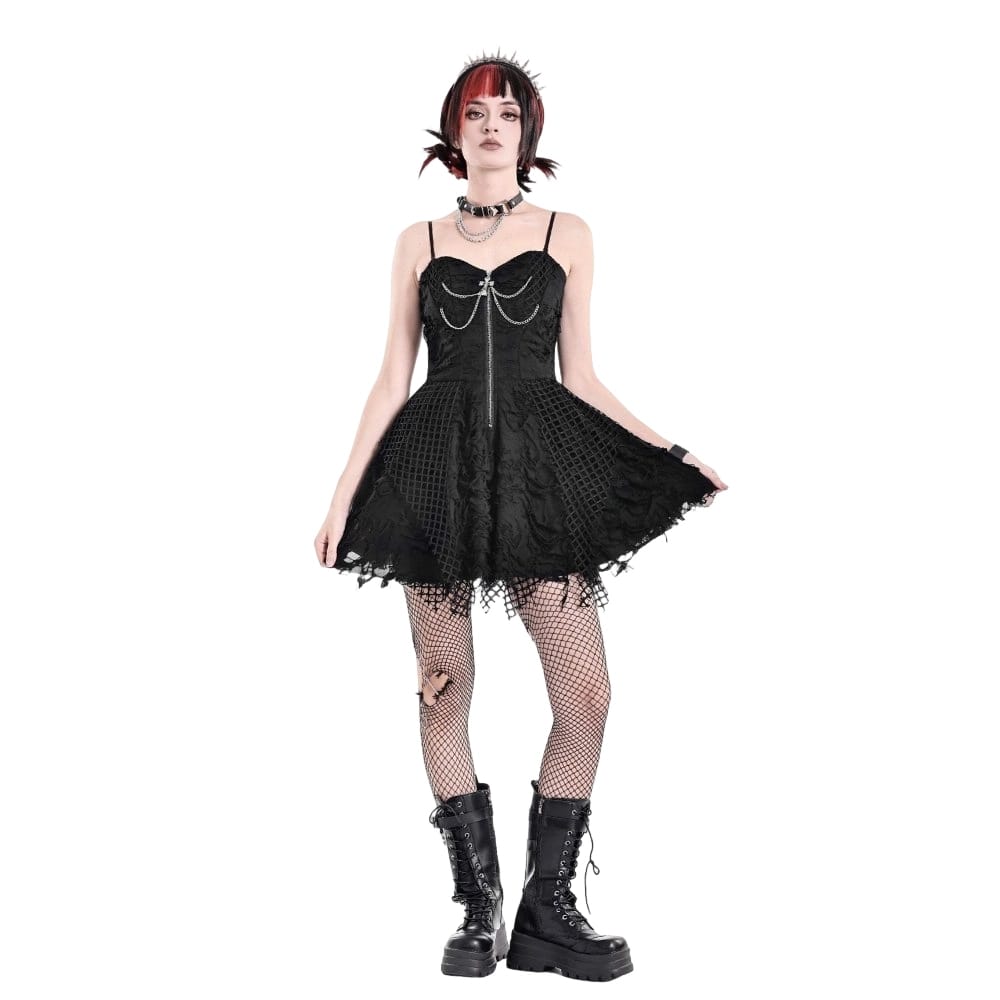 Darkinlove Women's Punk Distressed Chain Zipper Slip Dress
