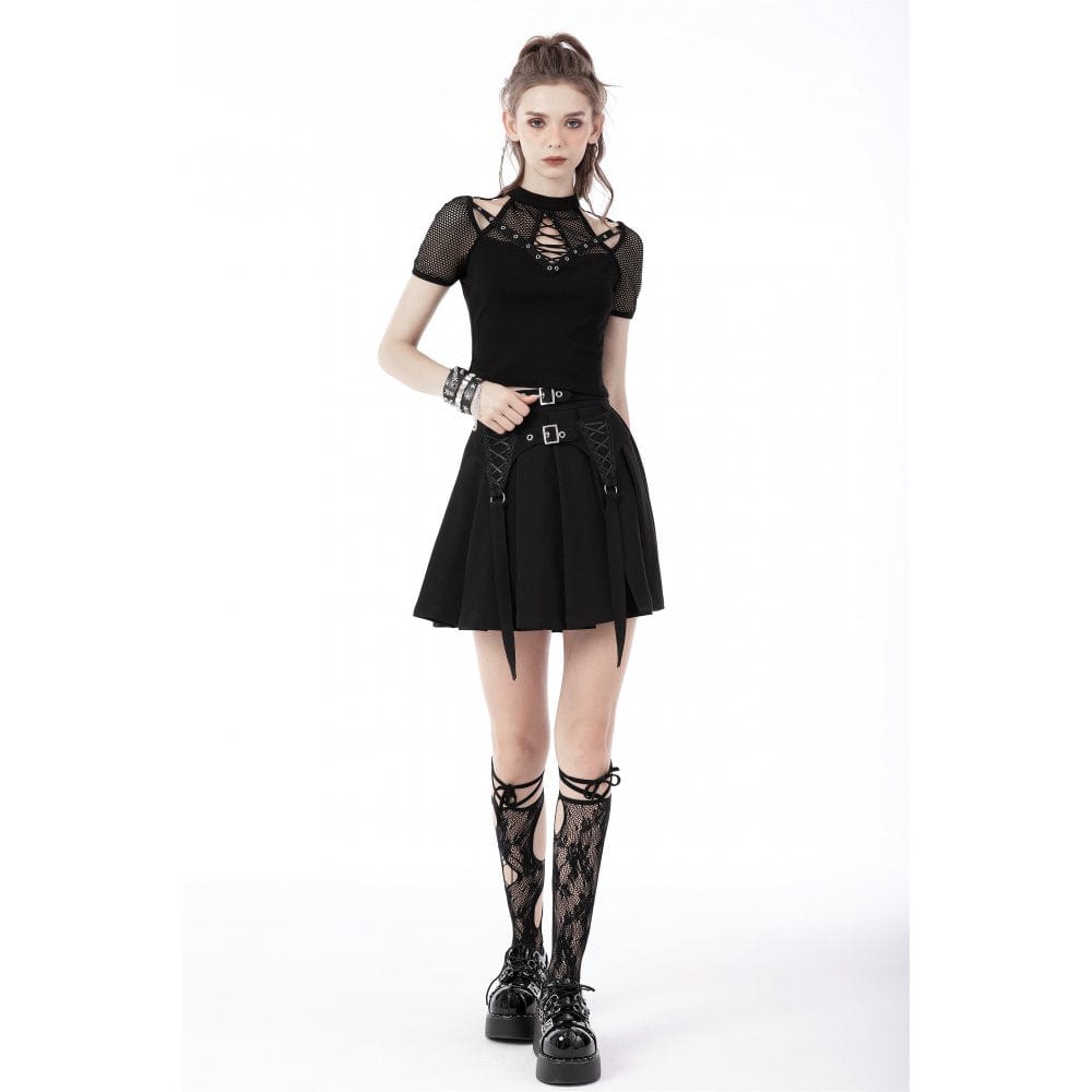 Darkinlove Women's Punk Double Buckles Pleated Skirt