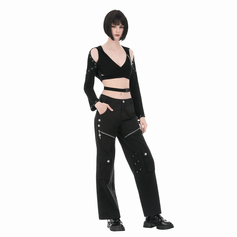 Darkinlove Women's Punk Eyelet Big Pocket Zipper Pants