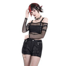 Darkinlove Women's Punk Eyelet Buckle Strap Mesh Long Sleeve Top
