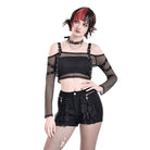 Darkinlove Women's Punk Eyelet Buckle Strap Mesh Long Sleeve Top
