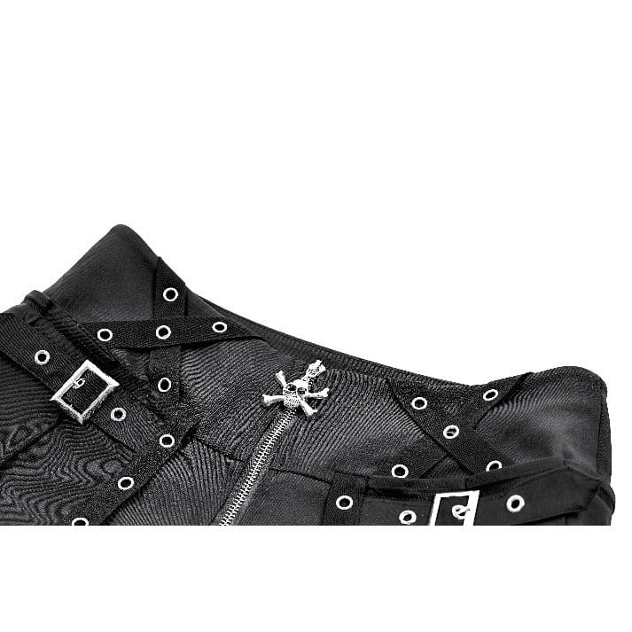 Darkinlove Women's Punk Eyelet Buckle Strap Zipper Mini Pleated Shorts