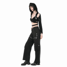Darkinlove Women's Punk Eyelet Cutout Hooded Long Sleeve Crop Top with Detachable Brooch