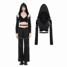 Darkinlove Women's Punk Eyelet Cutout Hooded Long Sleeve Crop Top with Detachable Brooch