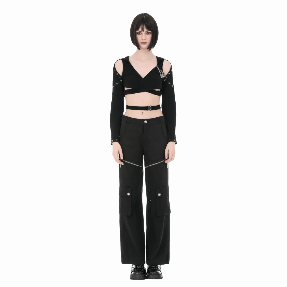 Darkinlove Women's Punk Eyelet Cutout Hooded Long Sleeve Crop Top with Detachable Brooch