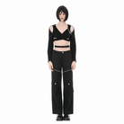 Darkinlove Women's Punk Eyelet Cutout Hooded Long Sleeve Crop Top with Detachable Brooch