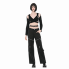 Darkinlove Women's Punk Eyelet Cutout Hooded Long Sleeve Crop Top with Detachable Brooch
