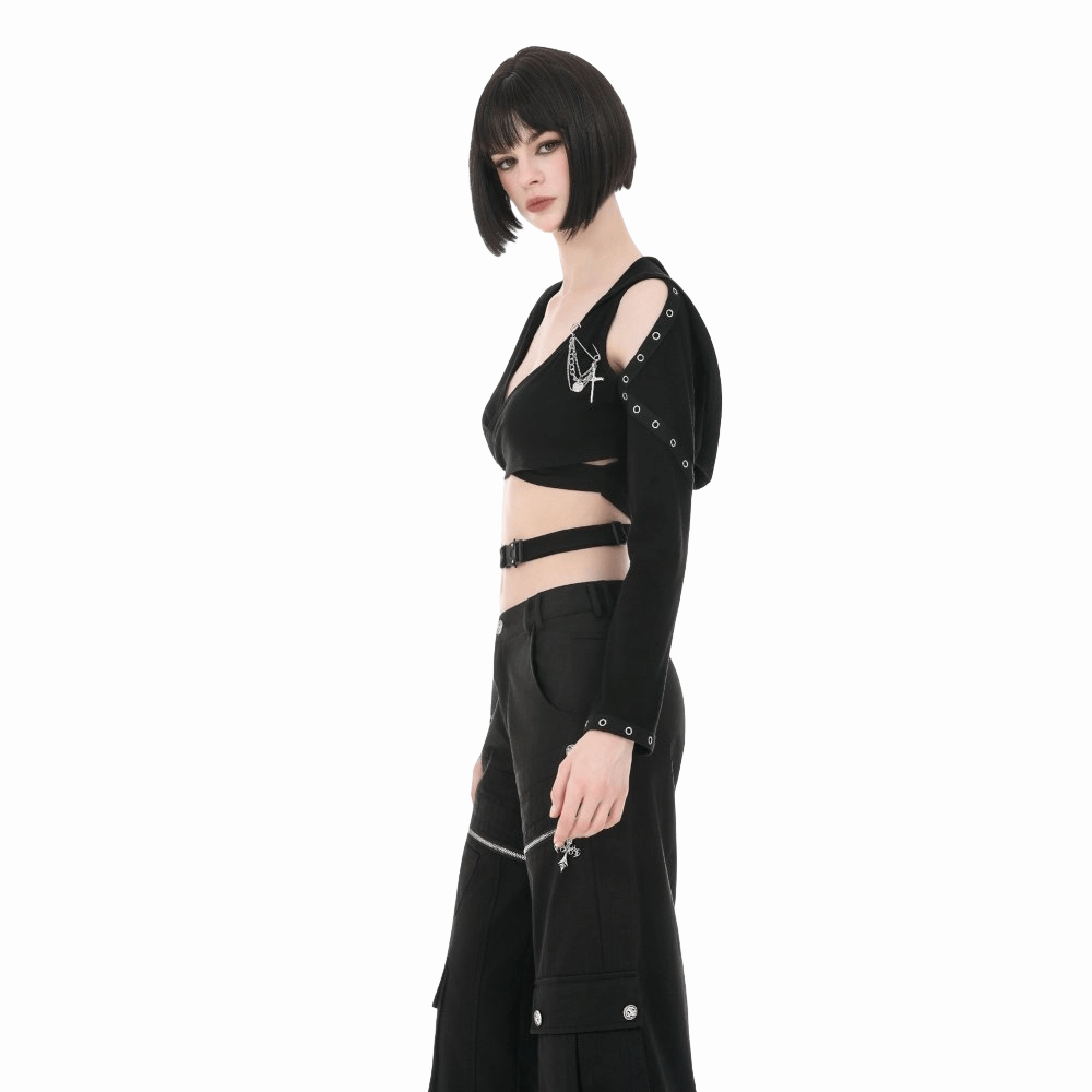 Darkinlove Women's Punk Eyelet Cutout Hooded Long Sleeve Crop Top with Detachable Brooch