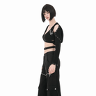 Darkinlove Women's Punk Eyelet Cutout Hooded Long Sleeve Crop Top with Detachable Brooch