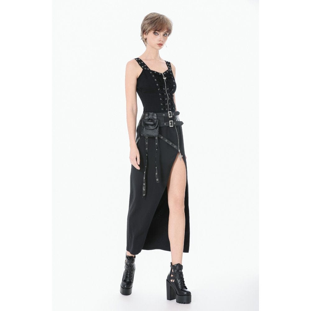 Darkinlove Women's Punk Eyelet Distressed Lace-up Zip Tank Top