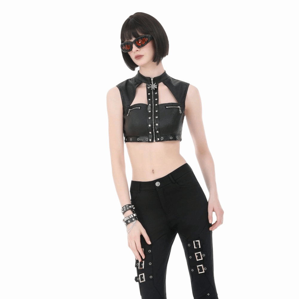 Darkinlove Women's Punk Eyelet Rivet Cutout Zipper Crop Top