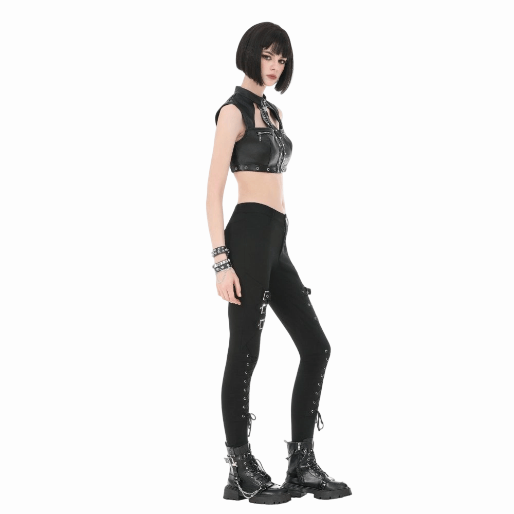 Darkinlove Women's Punk Eyelet Rivet Cutout Zipper Crop Top