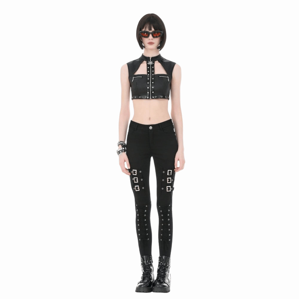 Darkinlove Women's Punk Eyelet Rivet Cutout Zipper Crop Top