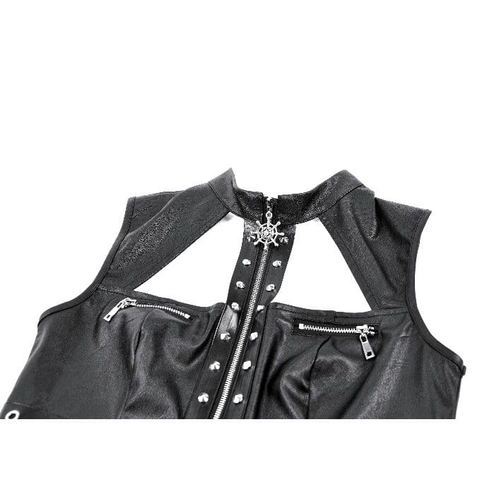 Darkinlove Women's Punk Eyelet Rivet Cutout Zipper Crop Top